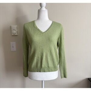 Brooks Brothers Womens S Cashmere Silk Knit Cable Knit Sweater V Neck Green